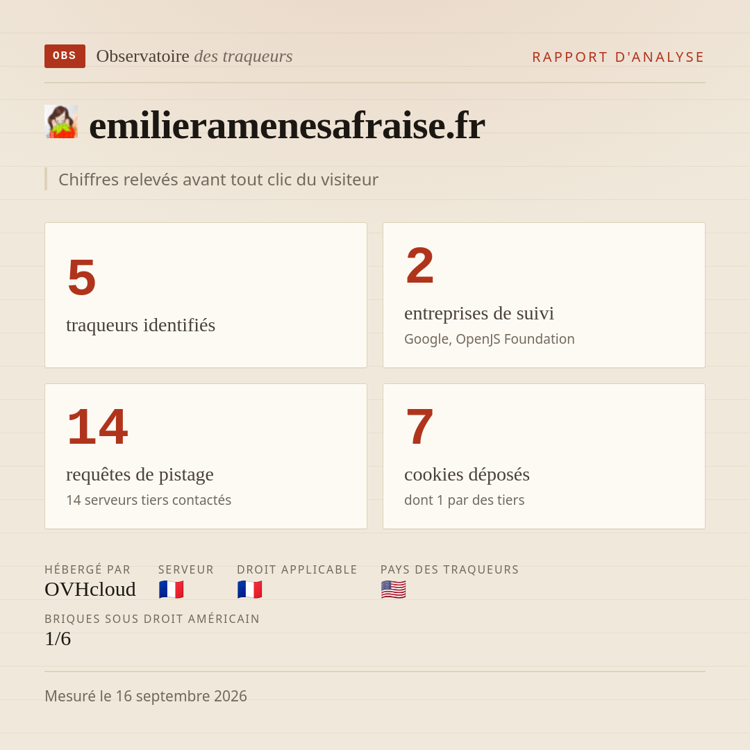 emilieramenesafraise.fr : 5 traqueurs identifiés, 2 entreprises de suivi, 14 requêtes de pistage. Chiffres relevés avant tout clic du visiteur.