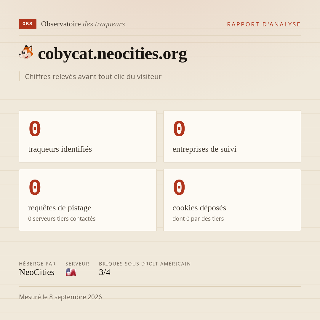 cobycat.neocities.org : 0 traqueurs identifiés, 0 entreprises de suivi, 0 requêtes de pistage. Chiffres relevés avant tout clic du visiteur.