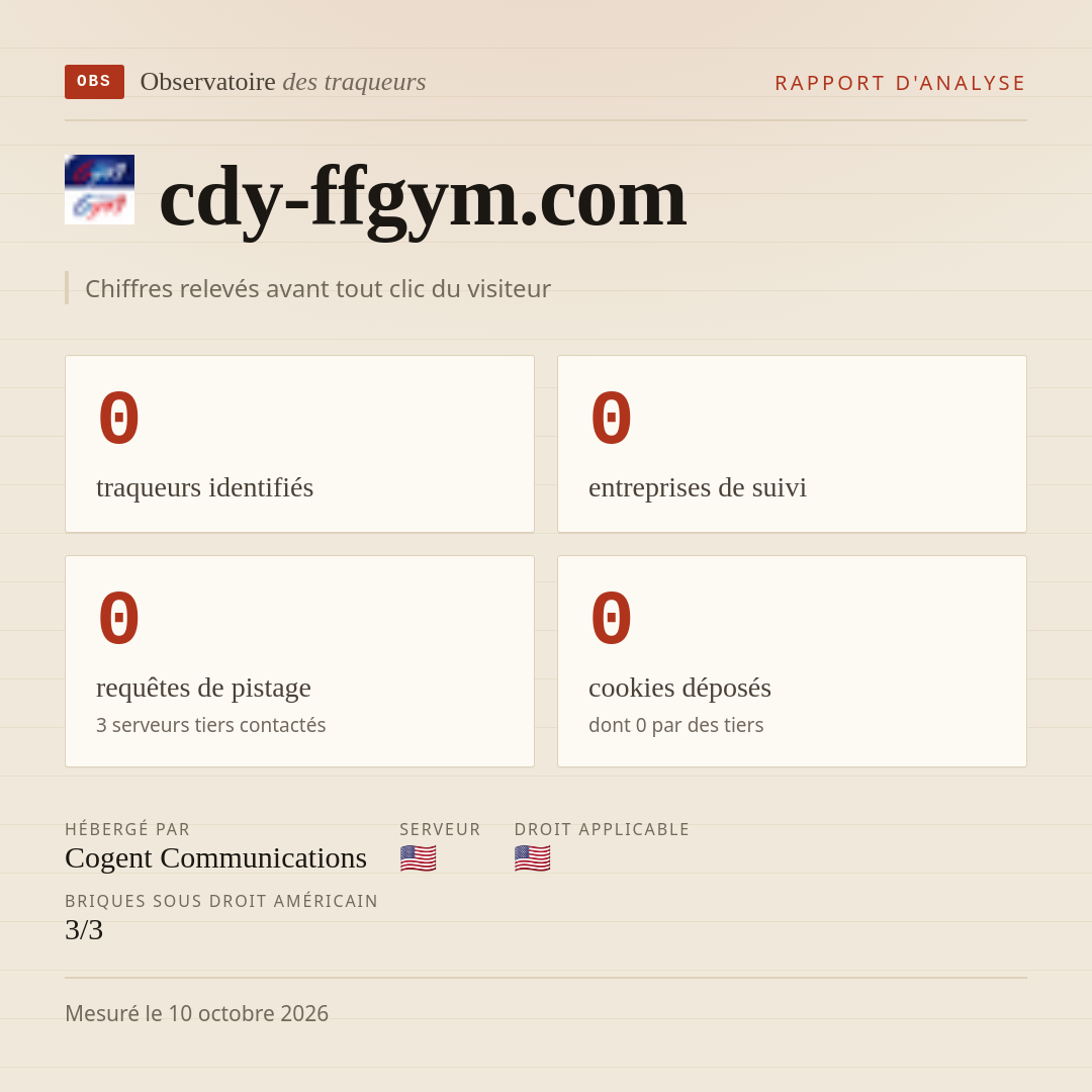 cdy-ffgym.com : 0 traqueurs identifiés, 0 entreprises de suivi, 0 requêtes de pistage. Chiffres relevés avant tout clic du visiteur.