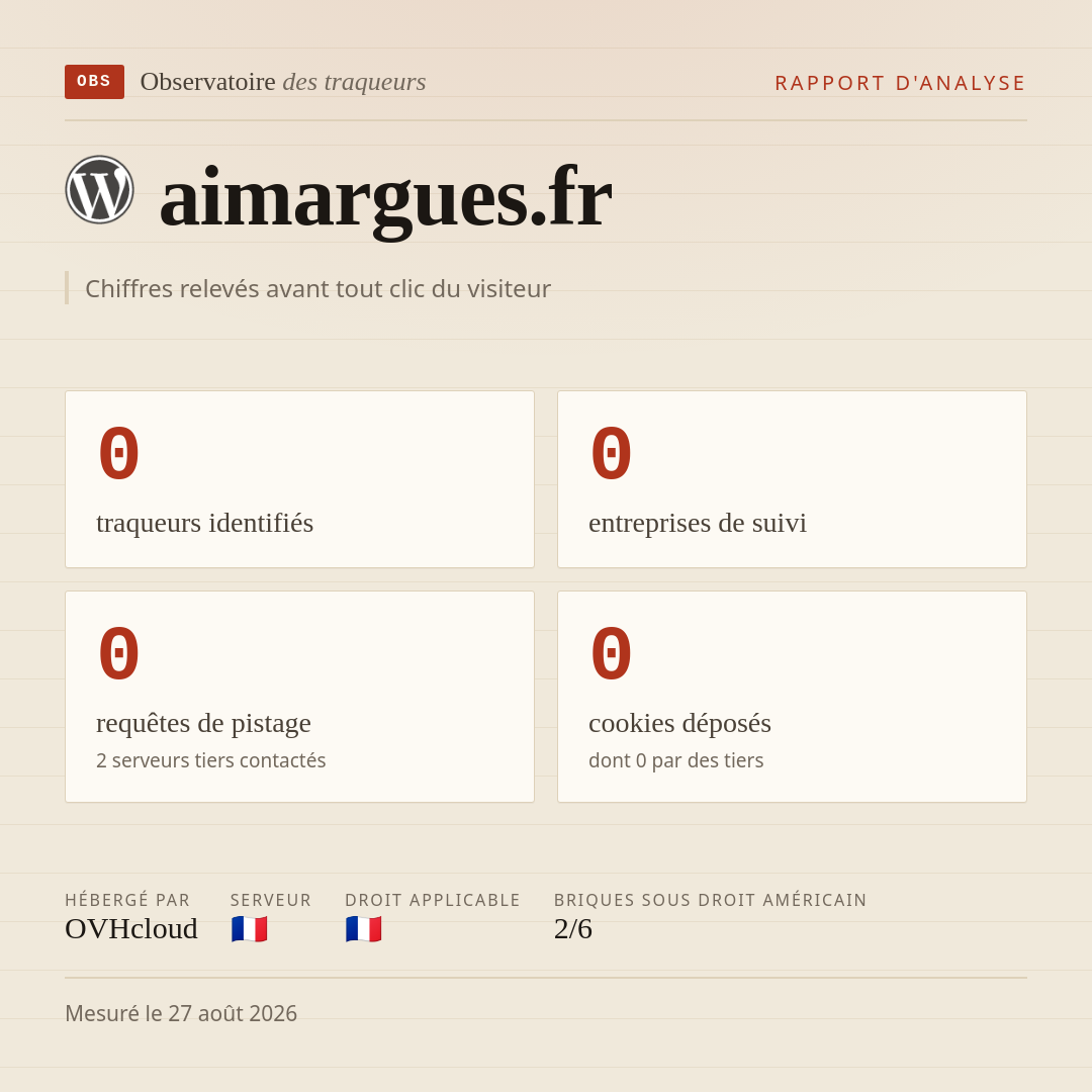 aimargues.fr : 0 traqueurs identifiés, 0 entreprises de suivi, 0 requêtes de pistage. Chiffres relevés avant tout clic du visiteur.
