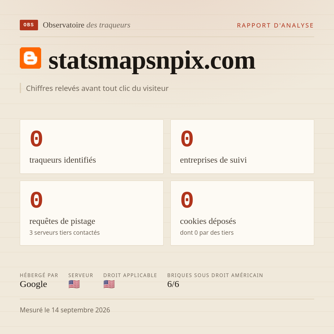 statsmapsnpix.com : 0 traqueurs identifiés, 0 entreprises de suivi, 0 requêtes de pistage. Chiffres relevés avant tout clic du visiteur.