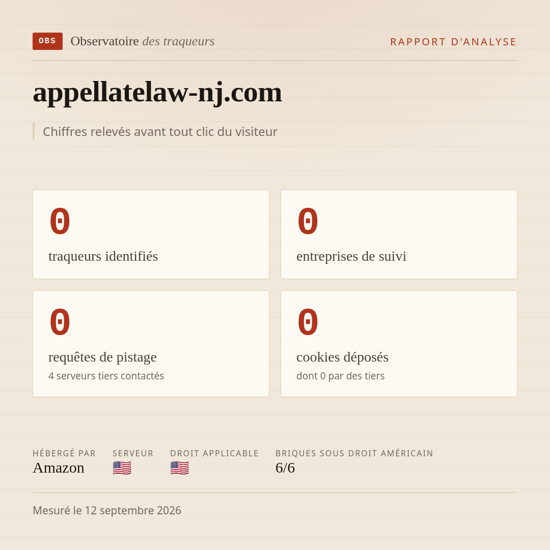 appellatelaw-nj.com : 0 traqueurs identifiés, 0 entreprises de suivi, 0 requêtes de pistage. Chiffres relevés avant tout clic du visiteur.