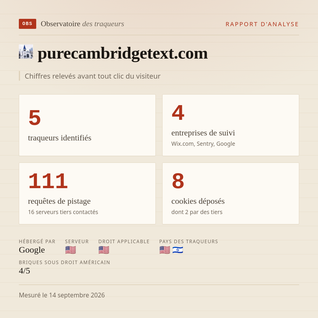 purecambridgetext.com : 5 traqueurs identifiés, 4 entreprises de suivi, 111 requêtes de pistage. Chiffres relevés avant tout clic du visiteur.