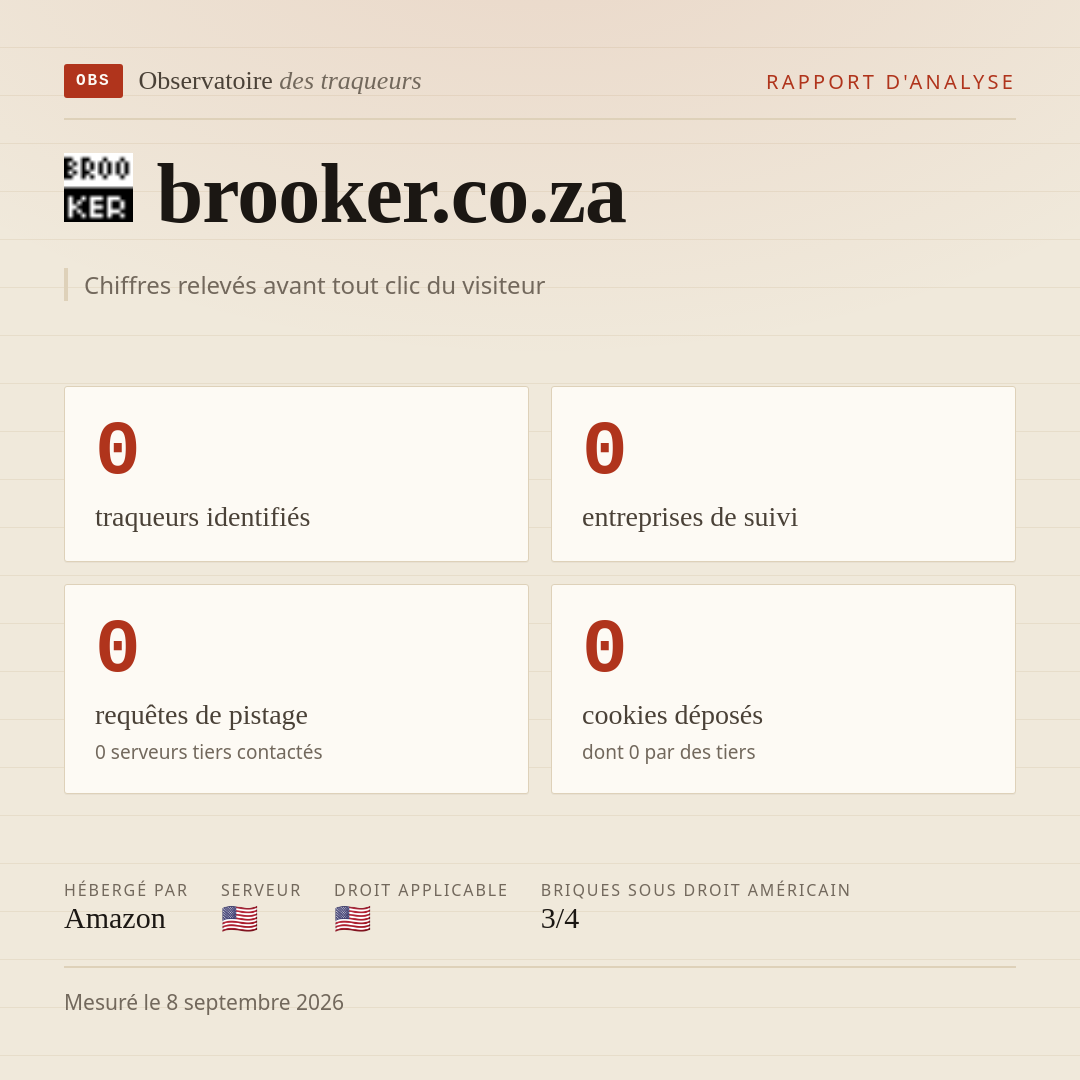 brooker.co.za : 0 traqueurs identifiés, 0 entreprises de suivi, 0 requêtes de pistage. Chiffres relevés avant tout clic du visiteur.
