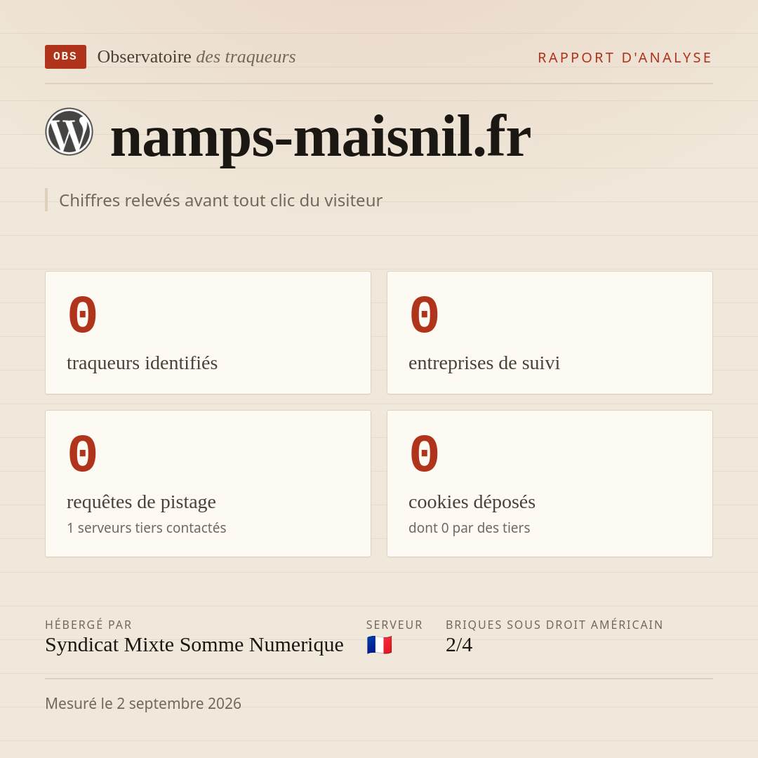namps-maisnil.fr : 0 traqueurs identifiés, 0 entreprises de suivi, 0 requêtes de pistage. Chiffres relevés avant tout clic du visiteur.