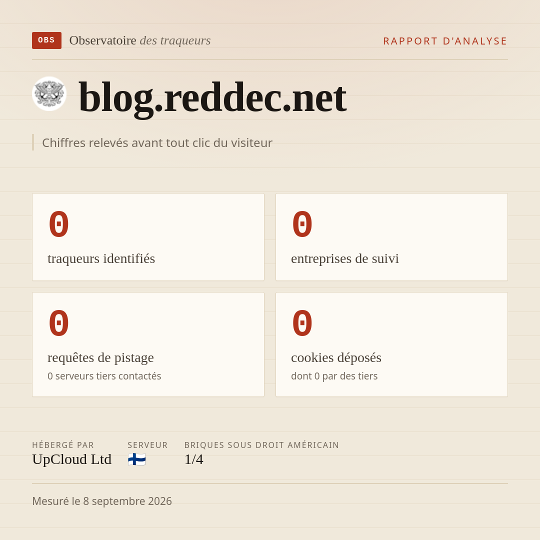 blog.reddec.net : 0 traqueurs identifiés, 0 entreprises de suivi, 0 requêtes de pistage. Chiffres relevés avant tout clic du visiteur.
