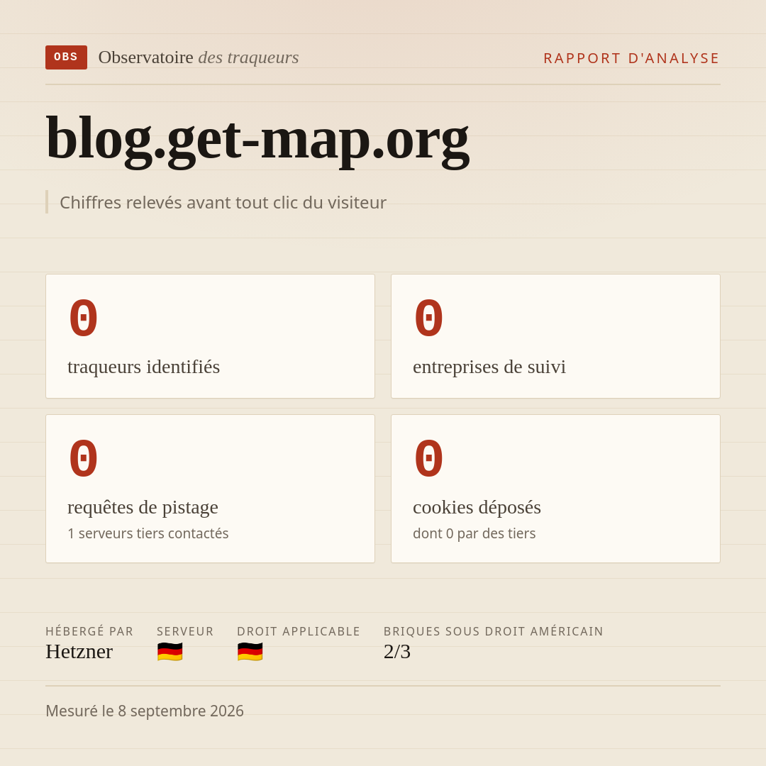 blog.get-map.org : 0 traqueurs identifiés, 0 entreprises de suivi, 0 requêtes de pistage. Chiffres relevés avant tout clic du visiteur.