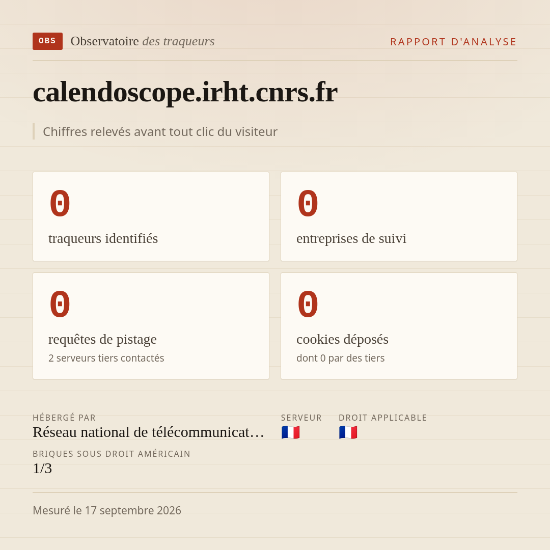 calendoscope.irht.cnrs.fr : 0 traqueurs identifiés, 0 entreprises de suivi, 0 requêtes de pistage. Chiffres relevés avant tout clic du visiteur.