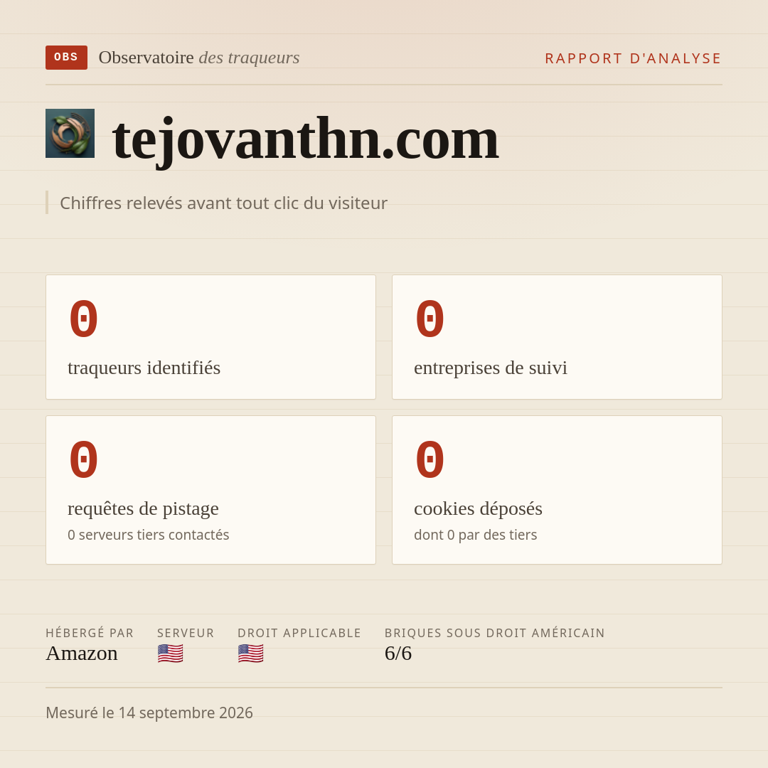 tejovanthn.com : 0 traqueurs identifiés, 0 entreprises de suivi, 0 requêtes de pistage. Chiffres relevés avant tout clic du visiteur.