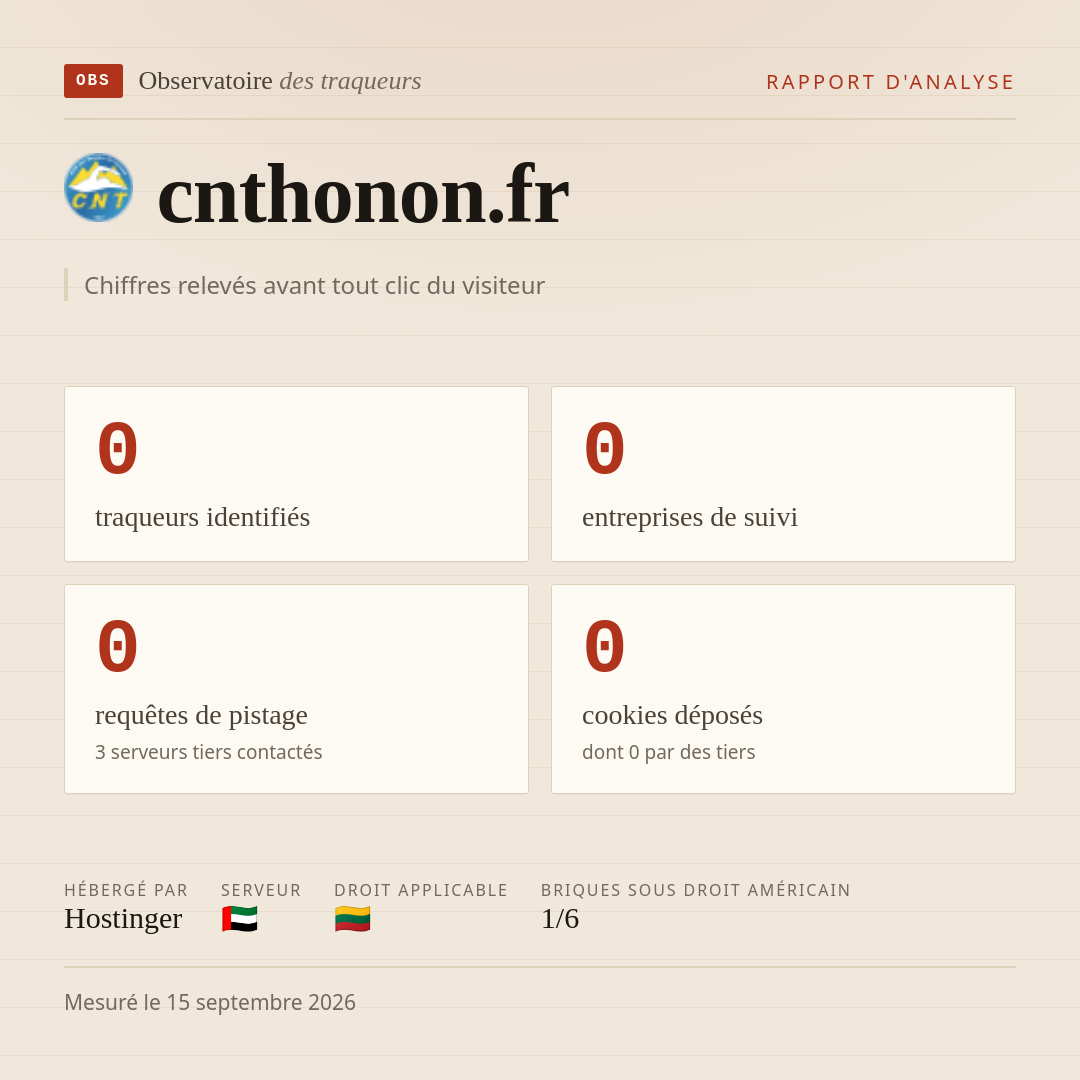 cnthonon.fr : 0 traqueurs identifiés, 0 entreprises de suivi, 0 requêtes de pistage. Chiffres relevés avant tout clic du visiteur.