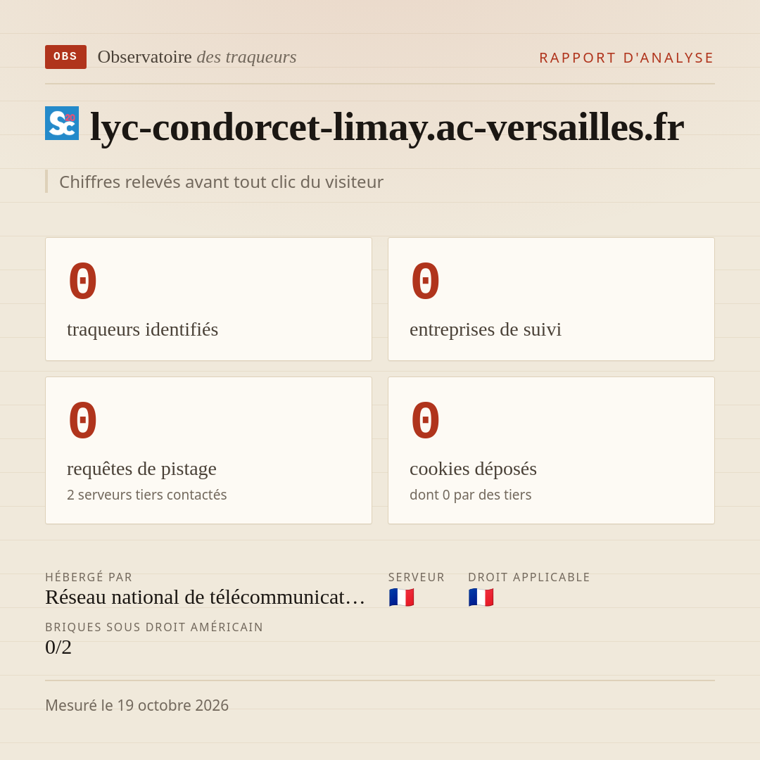 lyc-condorcet-limay.ac-versailles.fr : 0 traqueurs identifiés, 0 entreprises de suivi, 0 requêtes de pistage. Chiffres relevés avant tout clic du visiteur.