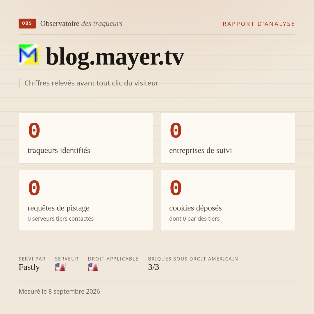 blog.mayer.tv : 0 traqueurs identifiés, 0 entreprises de suivi, 0 requêtes de pistage. Chiffres relevés avant tout clic du visiteur.