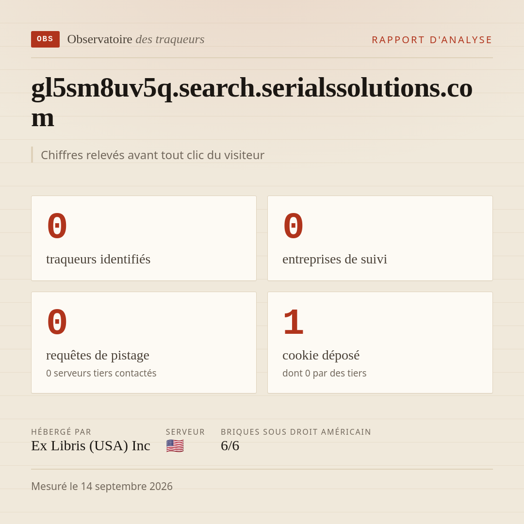 gl5sm8uv5q.search.serialssolutions.com : 0 traqueurs identifiés, 0 entreprises de suivi, 0 requêtes de pistage. Chiffres relevés avant tout clic du visiteur.