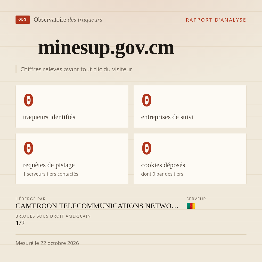 minesup.gov.cm : 0 traqueurs identifiés, 0 entreprises de suivi, 0 requêtes de pistage. Chiffres relevés avant tout clic du visiteur.