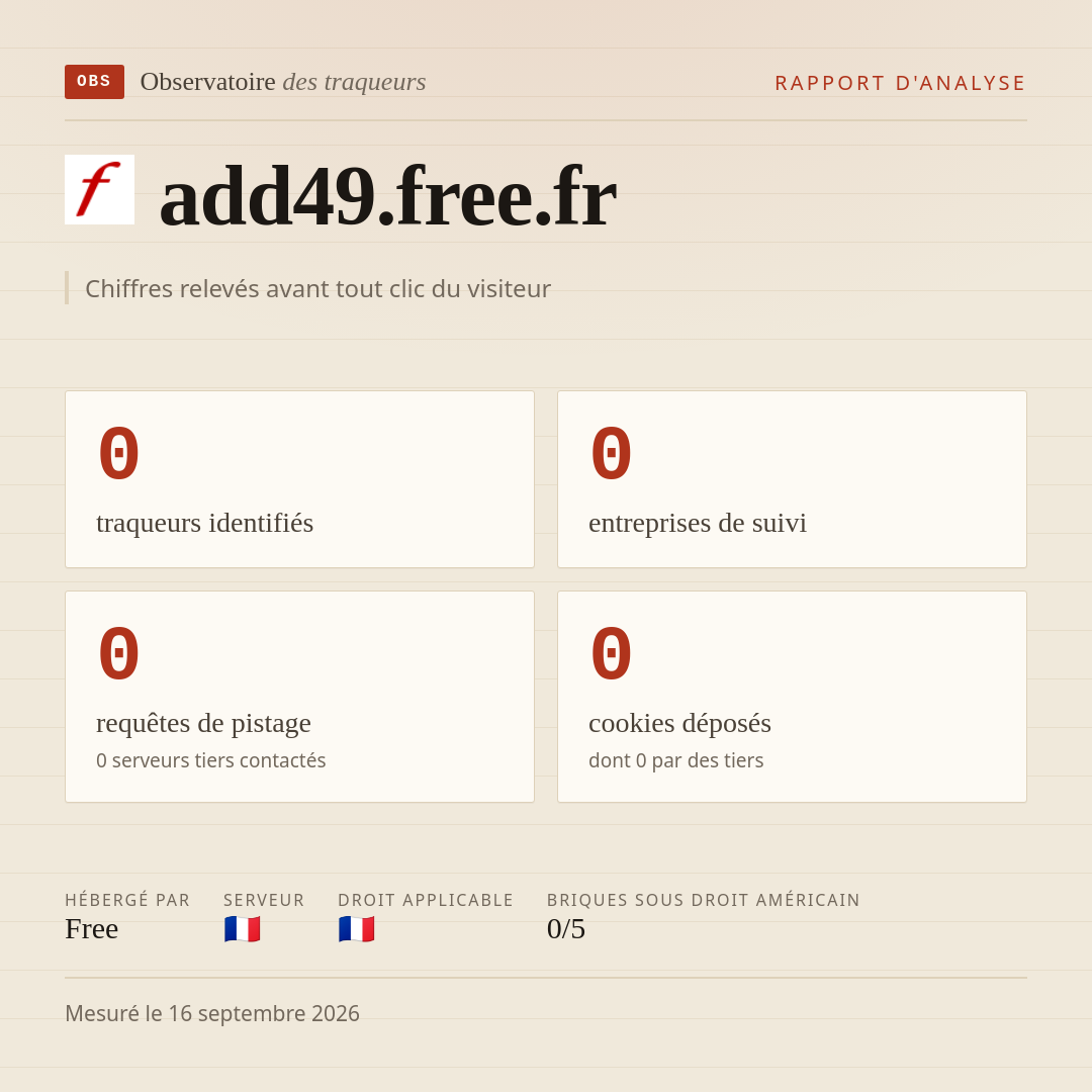 add49.free.fr : 0 traqueurs identifiés, 0 entreprises de suivi, 0 requêtes de pistage. Chiffres relevés avant tout clic du visiteur.