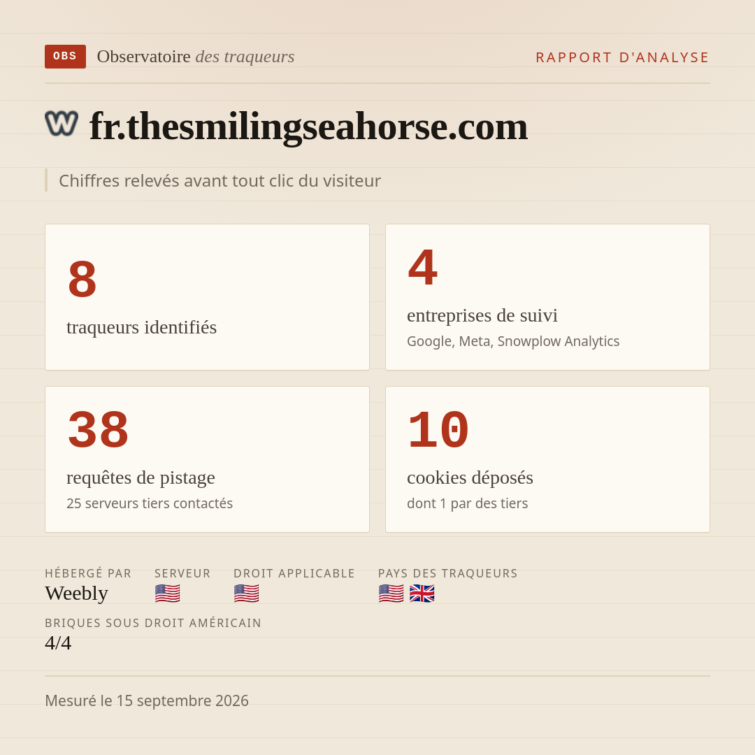 fr.thesmilingseahorse.com : 8 traqueurs identifiés, 4 entreprises de suivi, 38 requêtes de pistage. Chiffres relevés avant tout clic du visiteur.