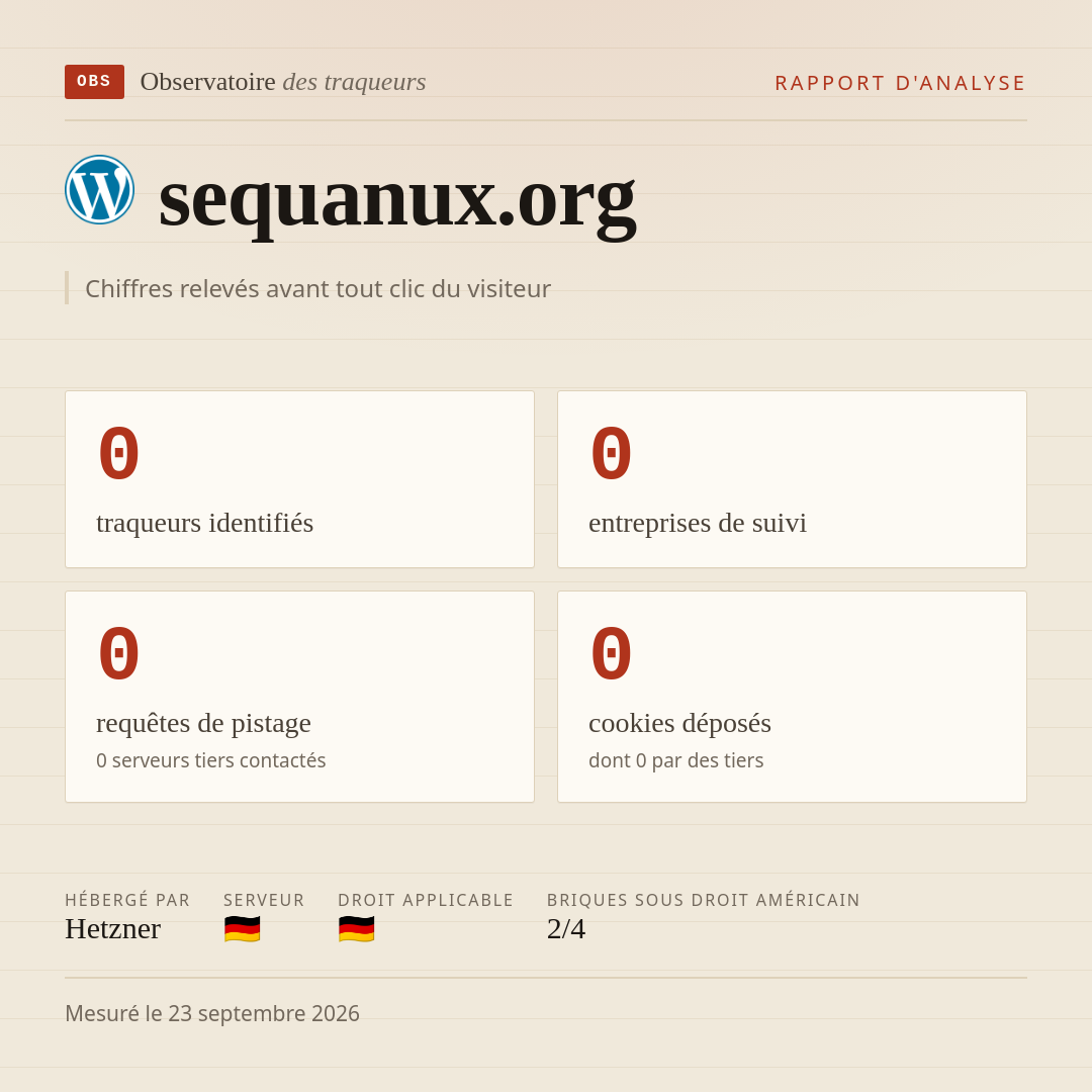 sequanux.org : 0 traqueurs identifiés, 0 entreprises de suivi, 0 requêtes de pistage. Chiffres relevés avant tout clic du visiteur.