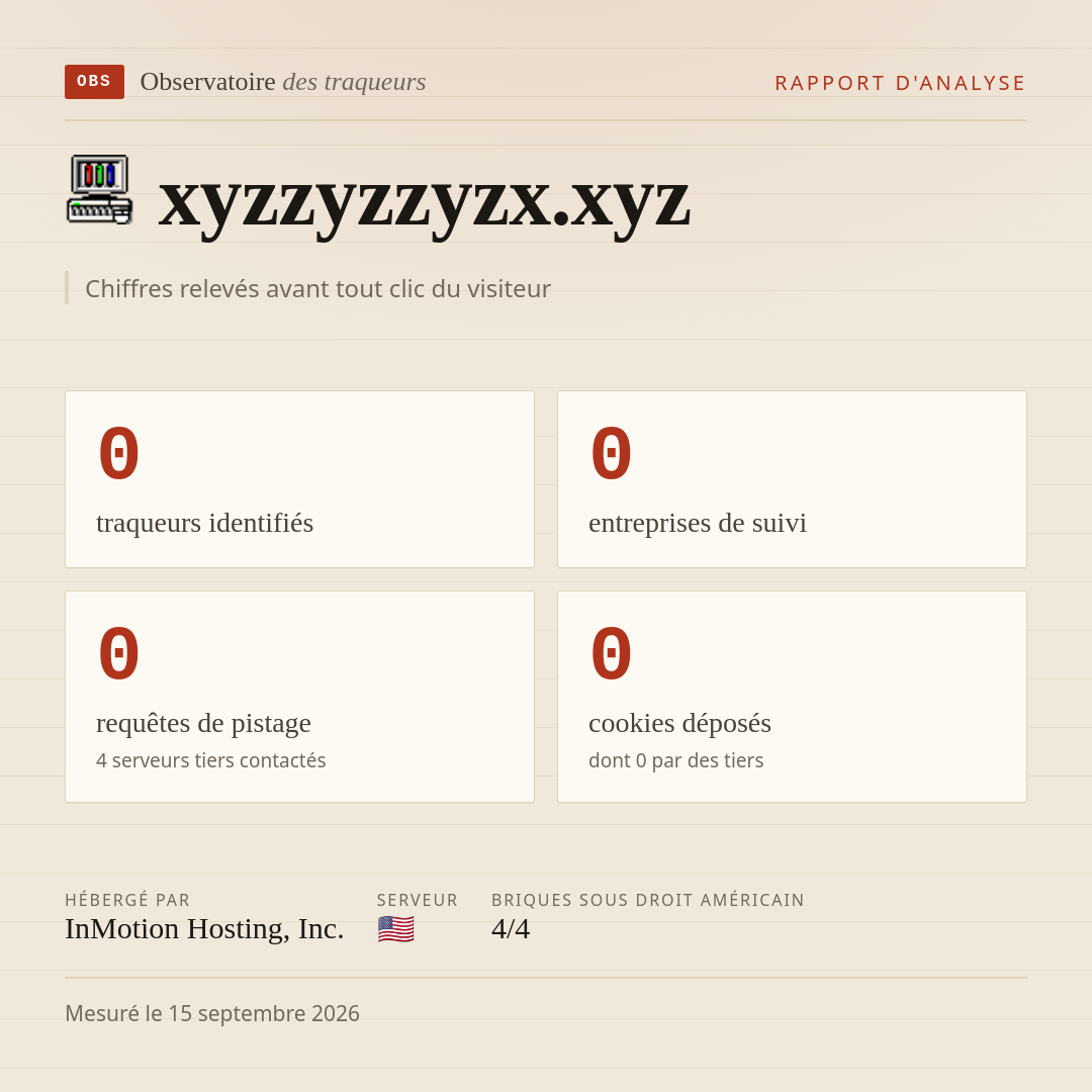 xyzzyzzyzx.xyz : 0 traqueurs identifiés, 0 entreprises de suivi, 0 requêtes de pistage. Chiffres relevés avant tout clic du visiteur.