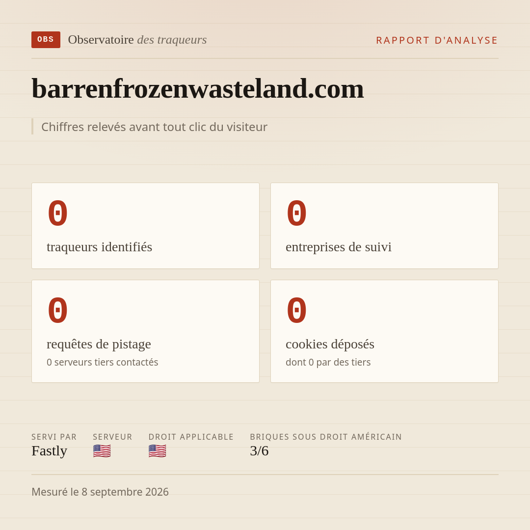 barrenfrozenwasteland.com : 0 traqueurs identifiés, 0 entreprises de suivi, 0 requêtes de pistage. Chiffres relevés avant tout clic du visiteur.