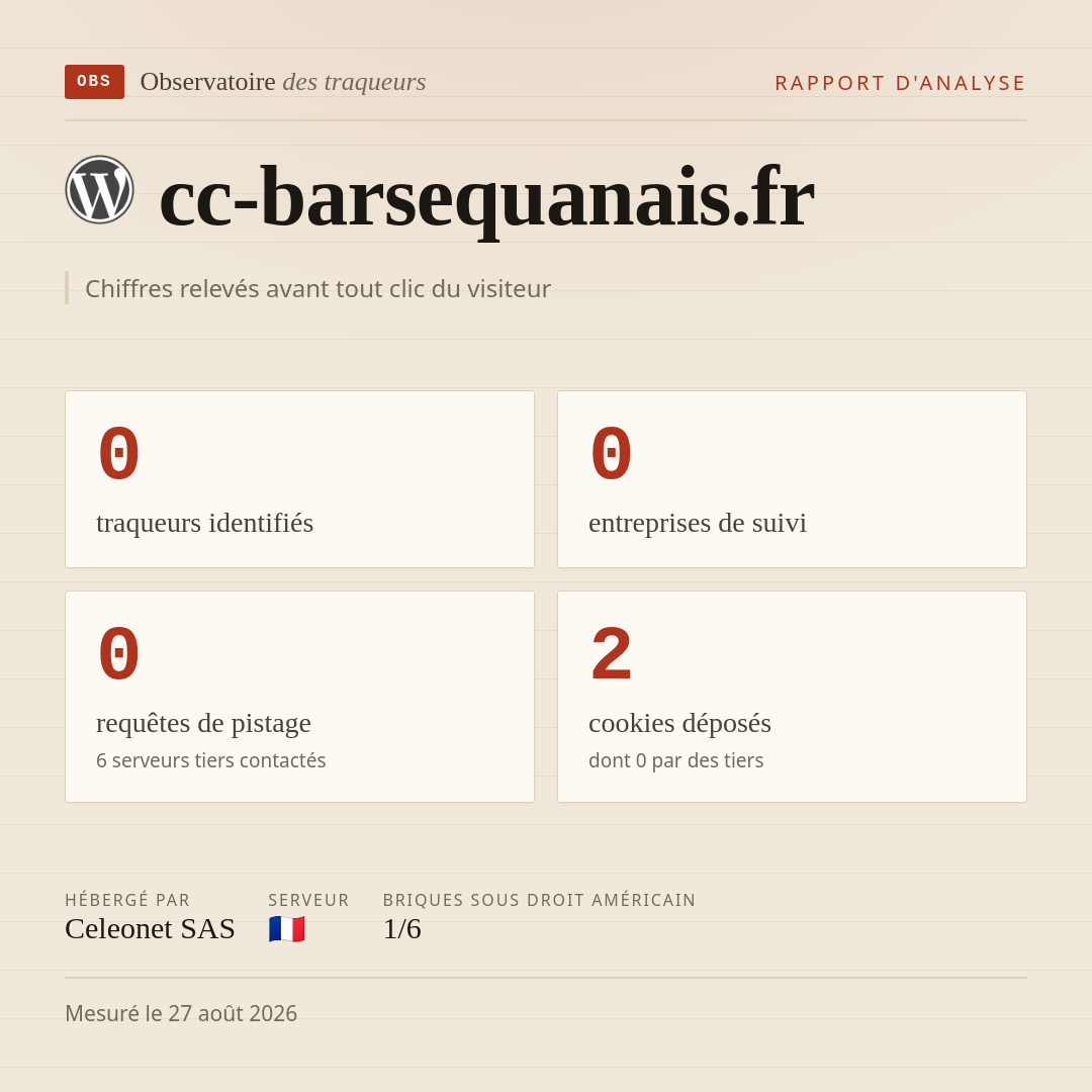 cc-barsequanais.fr : 0 traqueurs identifiés, 0 entreprises de suivi, 0 requêtes de pistage. Chiffres relevés avant tout clic du visiteur.