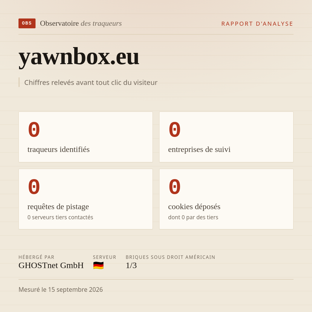 yawnbox.eu : 0 traqueurs identifiés, 0 entreprises de suivi, 0 requêtes de pistage. Chiffres relevés avant tout clic du visiteur.
