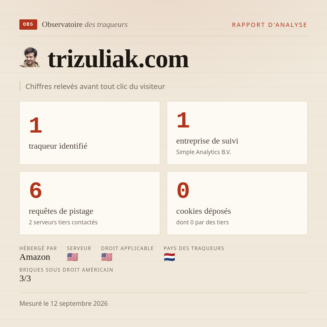 trizuliak.com : 1 traqueur identifié, 1 entreprise de suivi, 6 requêtes de pistage. Chiffres relevés avant tout clic du visiteur.