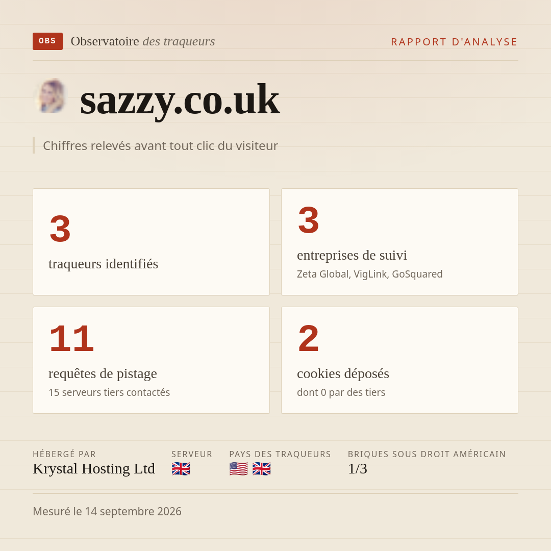 sazzy.co.uk : 3 traqueurs identifiés, 3 entreprises de suivi, 11 requêtes de pistage. Chiffres relevés avant tout clic du visiteur.