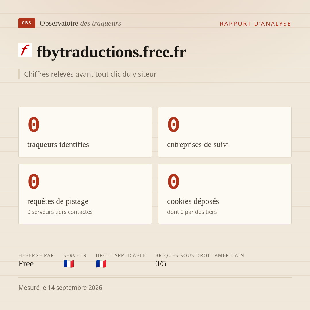 fbytraductions.free.fr : 0 traqueurs identifiés, 0 entreprises de suivi, 0 requêtes de pistage. Chiffres relevés avant tout clic du visiteur.