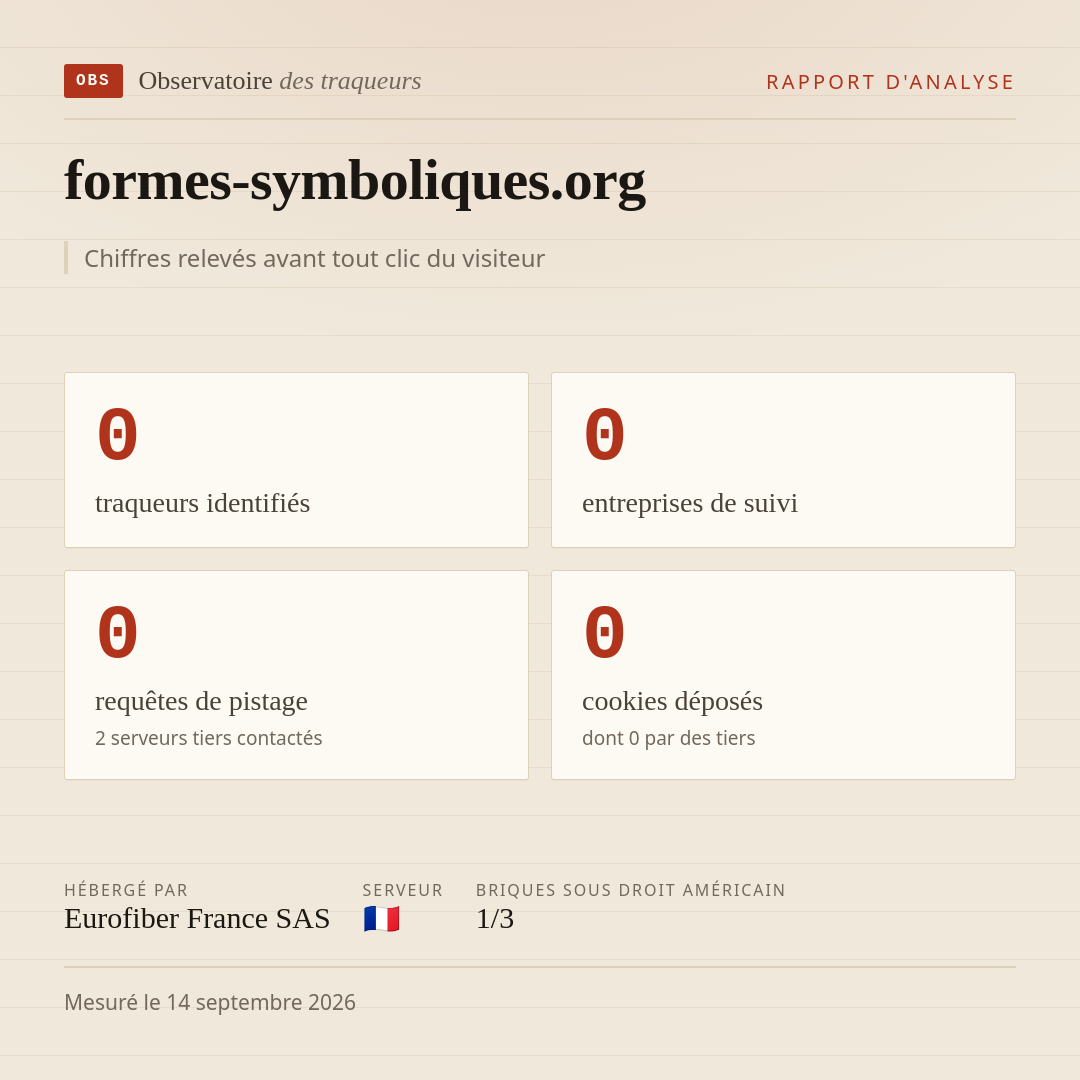 formes-symboliques.org : 0 traqueurs identifiés, 0 entreprises de suivi, 0 requêtes de pistage. Chiffres relevés avant tout clic du visiteur.