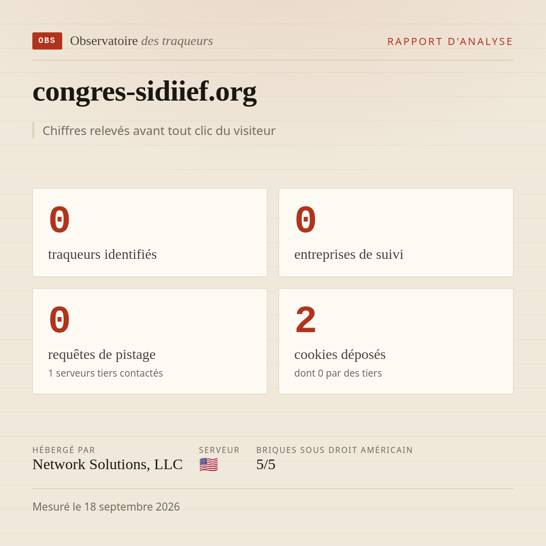 congres-sidiief.org : 0 traqueurs identifiés, 0 entreprises de suivi, 0 requêtes de pistage. Chiffres relevés avant tout clic du visiteur.
