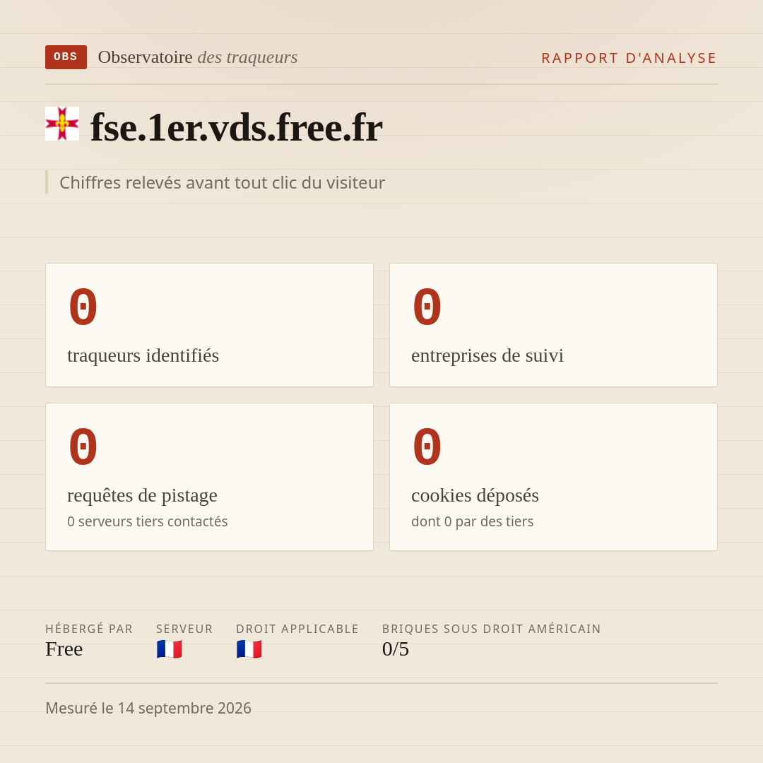 fse.1er.vds.free.fr : 0 traqueurs identifiés, 0 entreprises de suivi, 0 requêtes de pistage. Chiffres relevés avant tout clic du visiteur.
