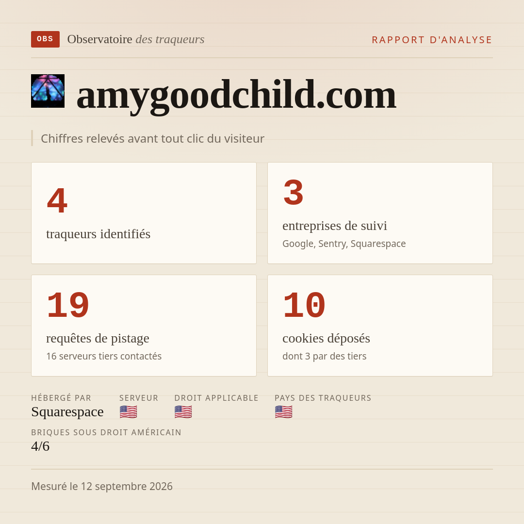 amygoodchild.com : 4 traqueurs identifiés, 3 entreprises de suivi, 19 requêtes de pistage. Chiffres relevés avant tout clic du visiteur.
