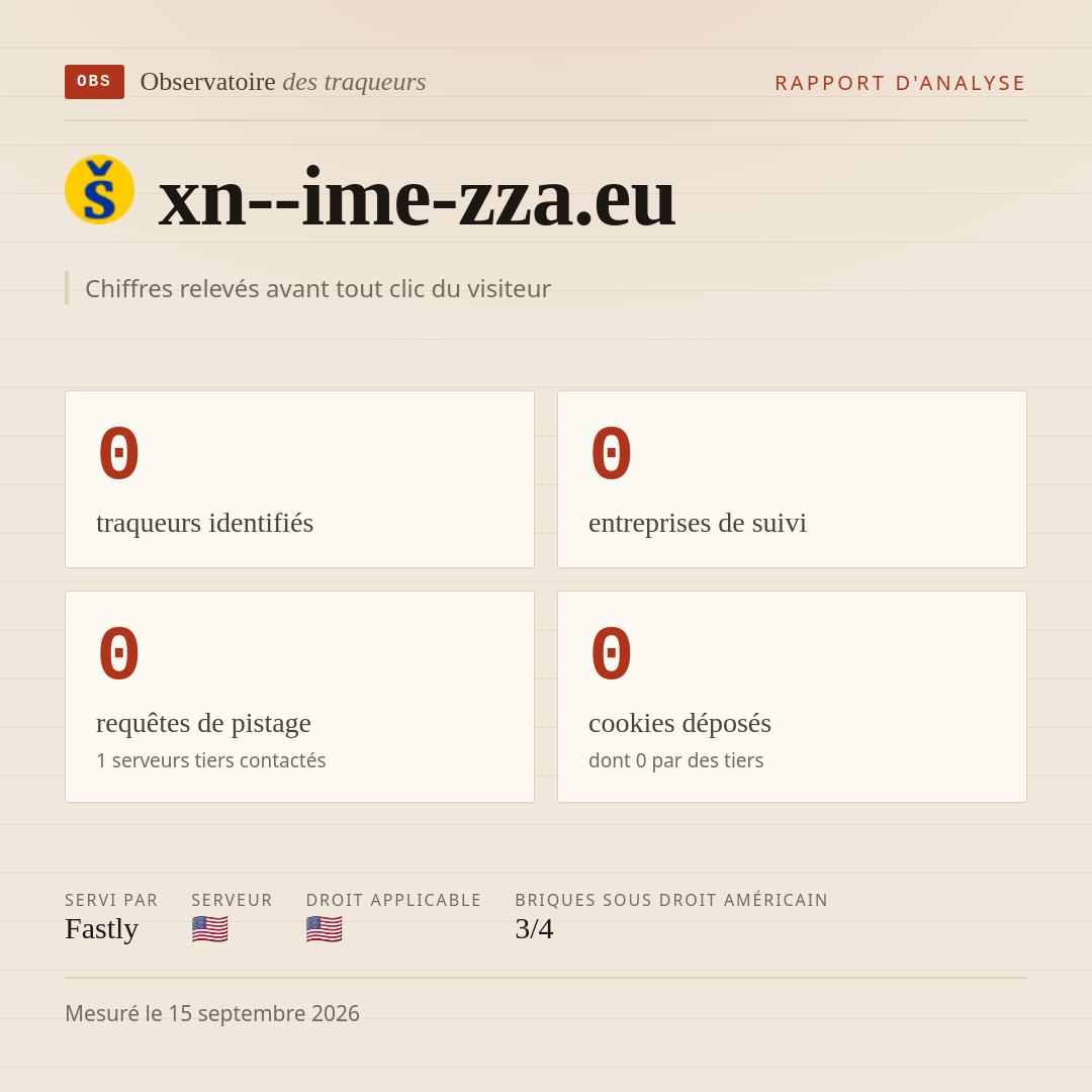 xn--ime-zza.eu : 0 traqueurs identifiés, 0 entreprises de suivi, 0 requêtes de pistage. Chiffres relevés avant tout clic du visiteur.