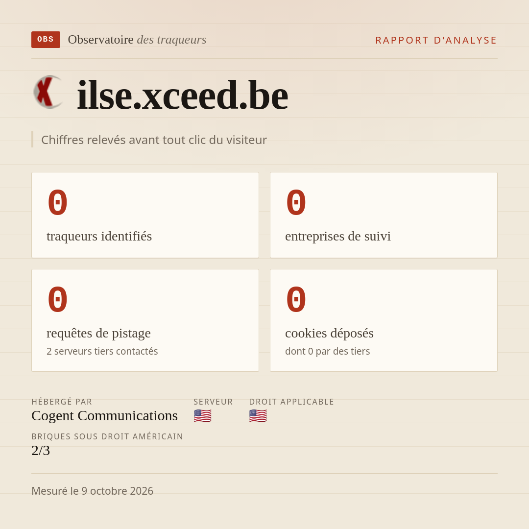 ilse.xceed.be : 0 traqueurs identifiés, 0 entreprises de suivi, 0 requêtes de pistage. Chiffres relevés avant tout clic du visiteur.