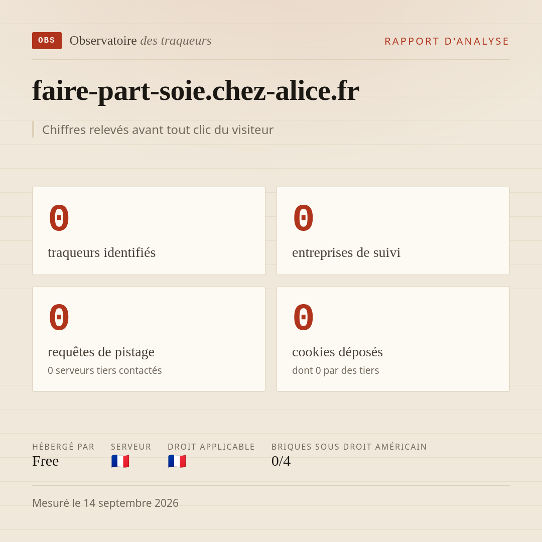 faire-part-soie.chez-alice.fr : 0 traqueurs identifiés, 0 entreprises de suivi, 0 requêtes de pistage. Chiffres relevés avant tout clic du visiteur.