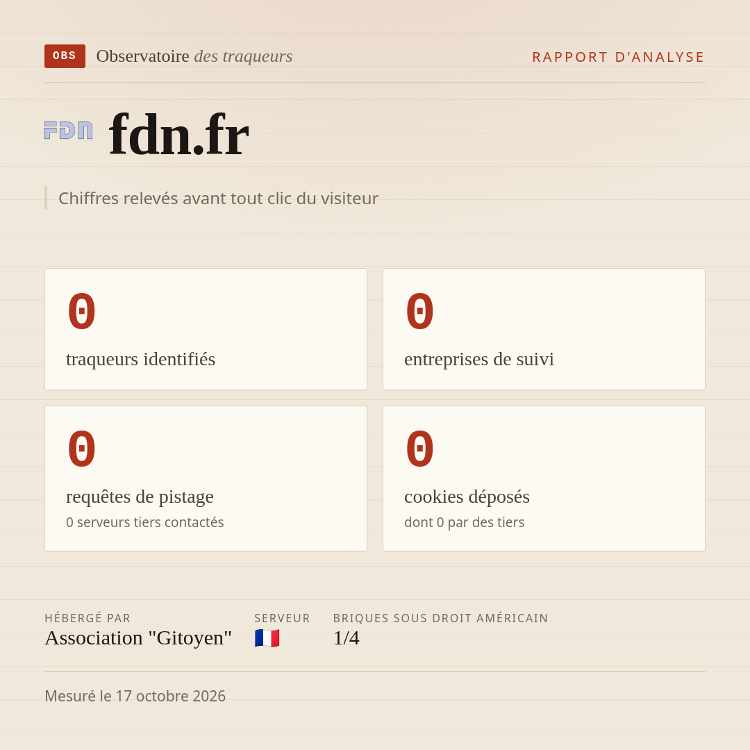 fdn.fr : 0 traqueurs identifiés, 0 entreprises de suivi, 0 requêtes de pistage. Chiffres relevés avant tout clic du visiteur.