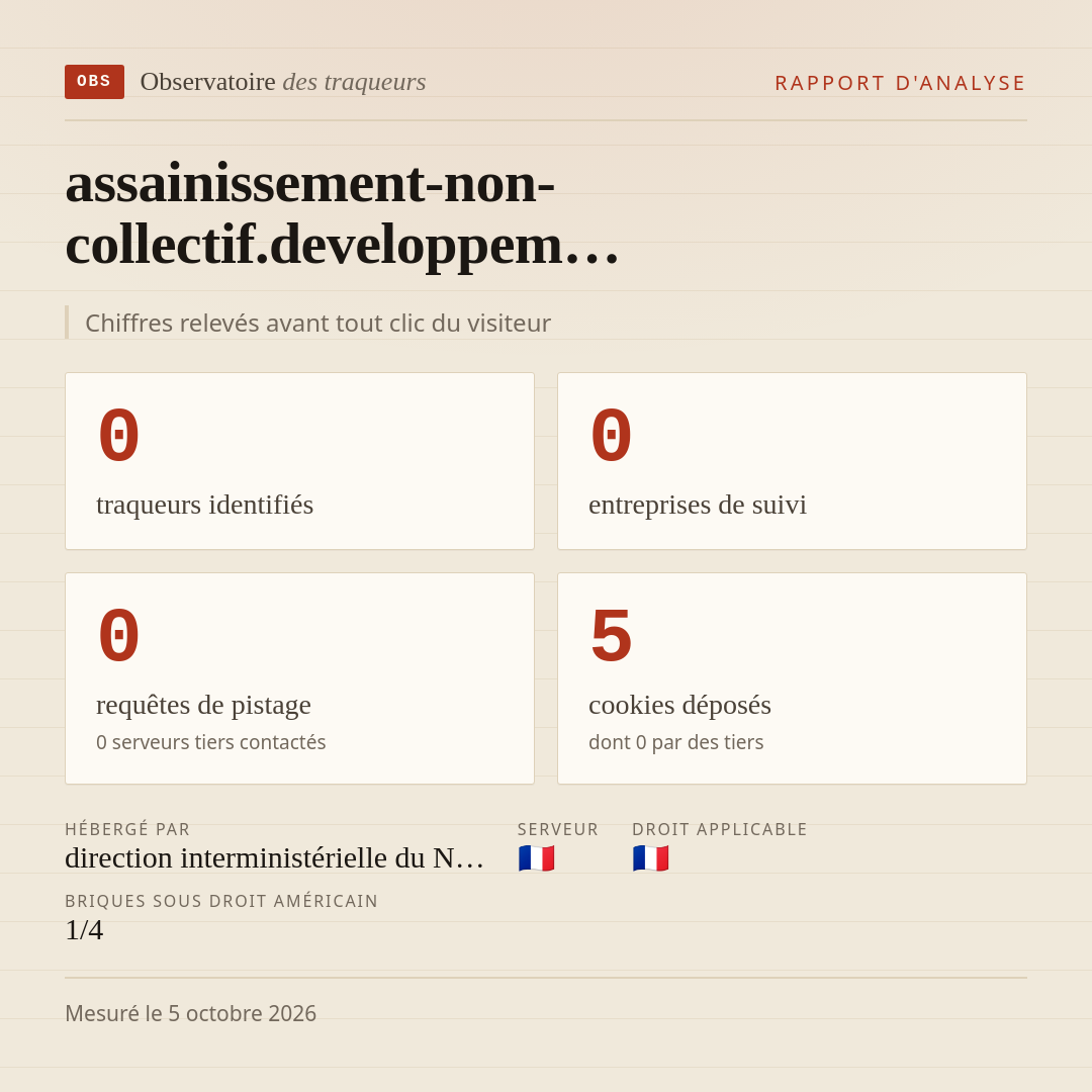 assainissement-non-collectif.developpem… : 0 traqueurs identifiés, 0 entreprises de suivi, 0 requêtes de pistage. Chiffres relevés avant tout clic du visiteur.