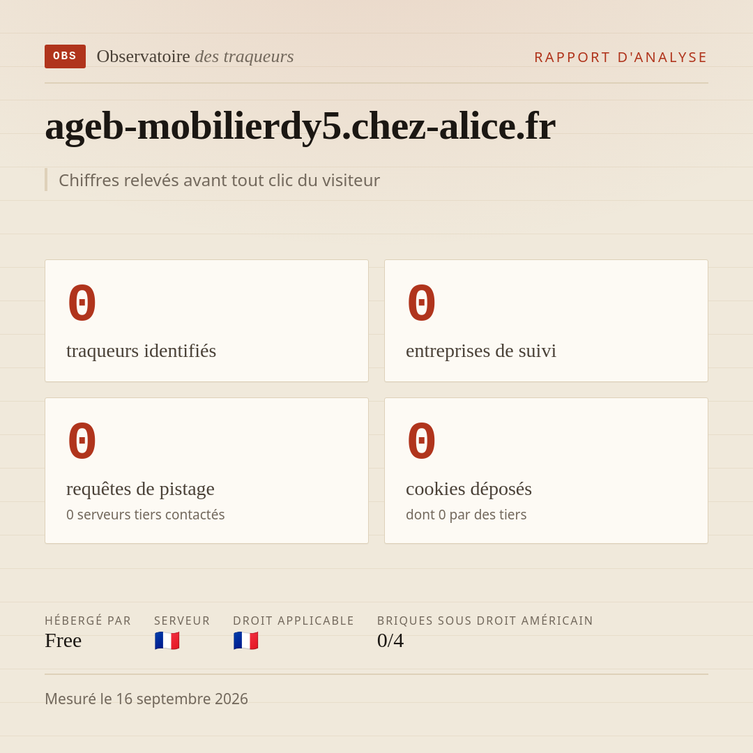 ageb-mobilierdy5.chez-alice.fr : 0 traqueurs identifiés, 0 entreprises de suivi, 0 requêtes de pistage. Chiffres relevés avant tout clic du visiteur.