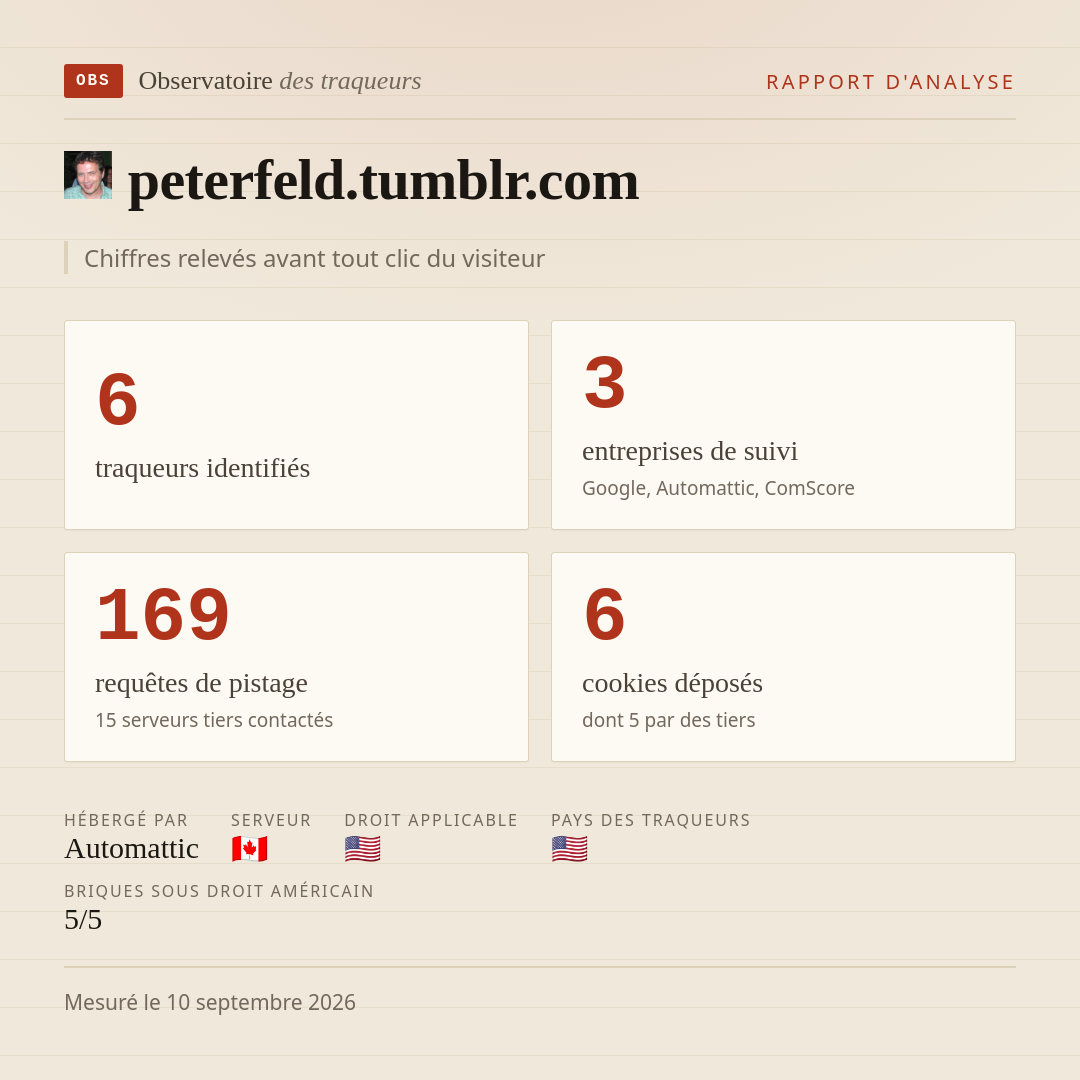 peterfeld.tumblr.com : 6 traqueurs identifiés, 3 entreprises de suivi, 169 requêtes de pistage. Chiffres relevés avant tout clic du visiteur.