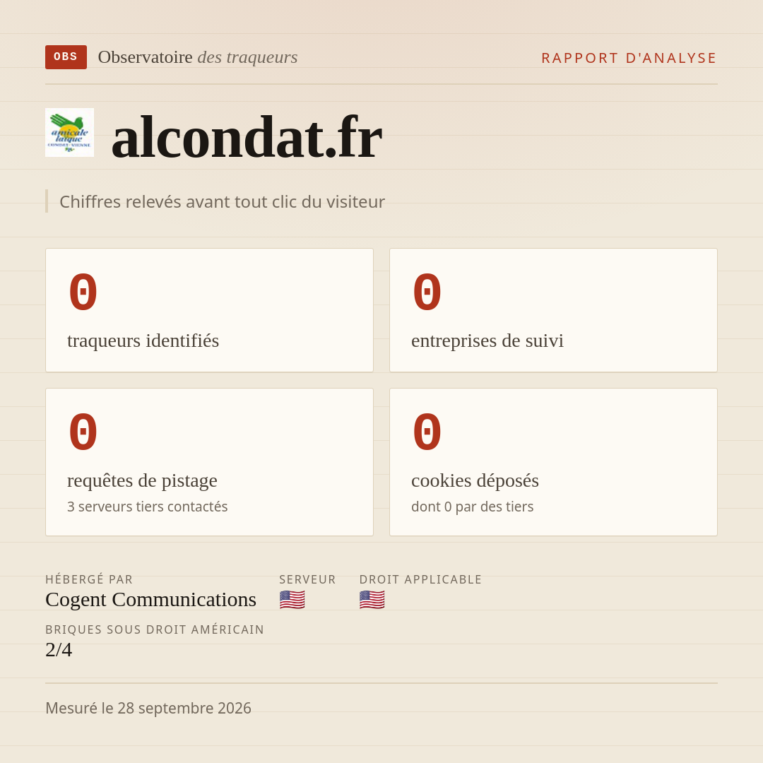 alcondat.fr : 0 traqueurs identifiés, 0 entreprises de suivi, 0 requêtes de pistage. Chiffres relevés avant tout clic du visiteur.