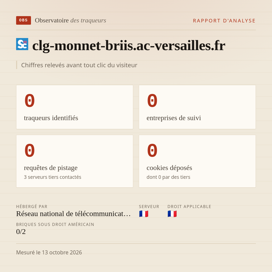 clg-monnet-briis.ac-versailles.fr : 0 traqueurs identifiés, 0 entreprises de suivi, 0 requêtes de pistage. Chiffres relevés avant tout clic du visiteur.
