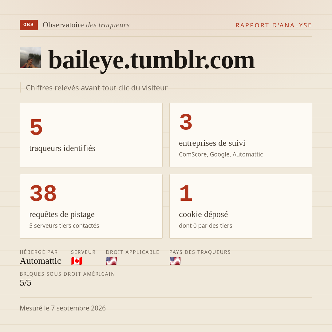 baileye.tumblr.com : 5 traqueurs identifiés, 3 entreprises de suivi, 38 requêtes de pistage. Chiffres relevés avant tout clic du visiteur.