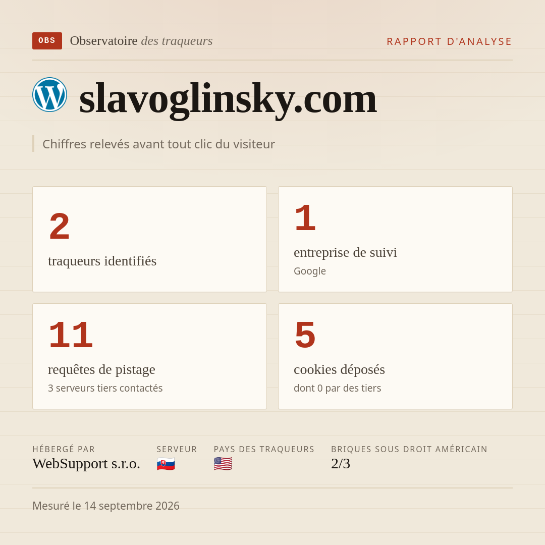 slavoglinsky.com : 2 traqueurs identifiés, 1 entreprise de suivi, 11 requêtes de pistage. Chiffres relevés avant tout clic du visiteur.
