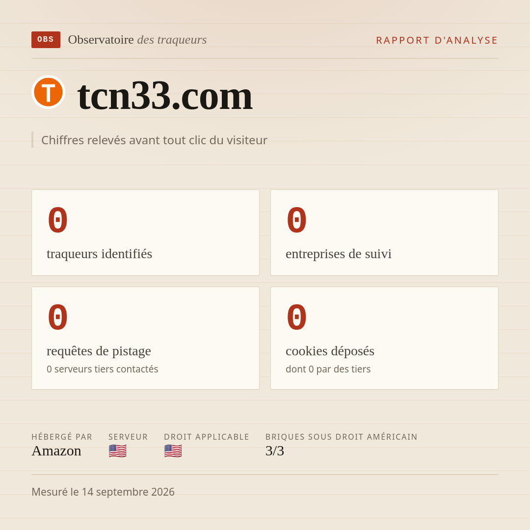 tcn33.com : 0 traqueurs identifiés, 0 entreprises de suivi, 0 requêtes de pistage. Chiffres relevés avant tout clic du visiteur.