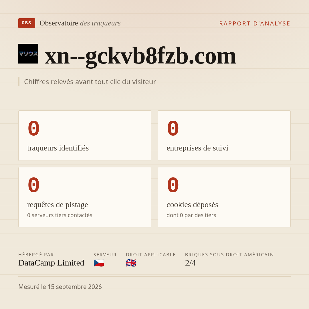 xn--gckvb8fzb.com : 0 traqueurs identifiés, 0 entreprises de suivi, 0 requêtes de pistage. Chiffres relevés avant tout clic du visiteur.