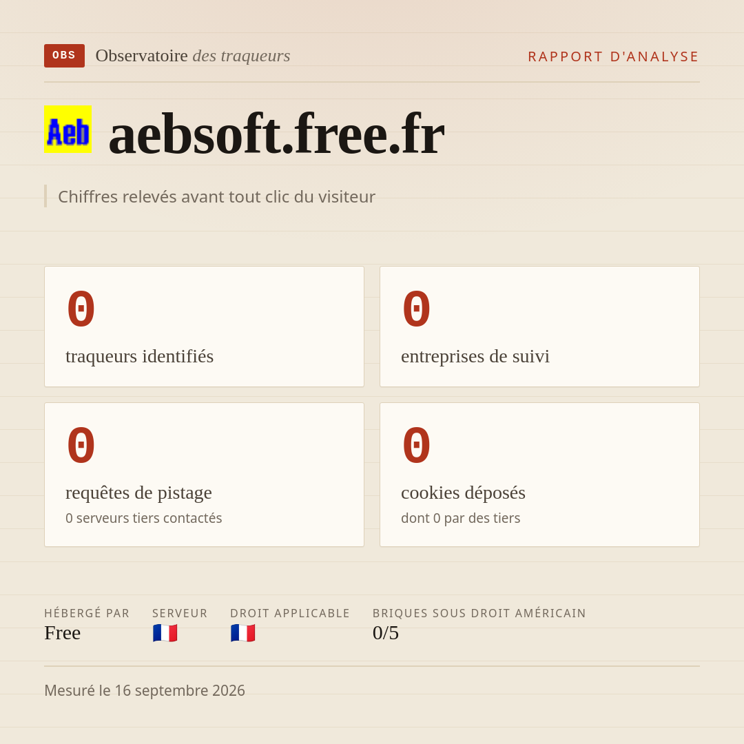 aebsoft.free.fr : 0 traqueurs identifiés, 0 entreprises de suivi, 0 requêtes de pistage. Chiffres relevés avant tout clic du visiteur.