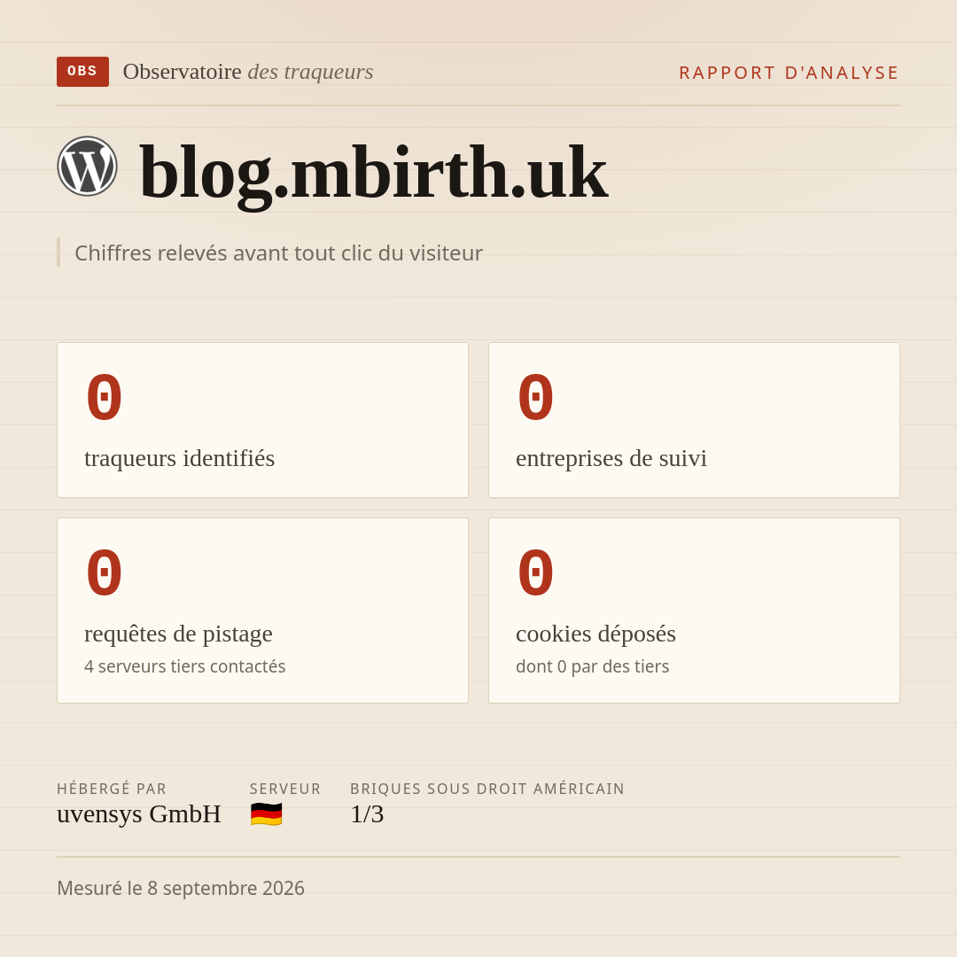 blog.mbirth.uk : 0 traqueurs identifiés, 0 entreprises de suivi, 0 requêtes de pistage. Chiffres relevés avant tout clic du visiteur.