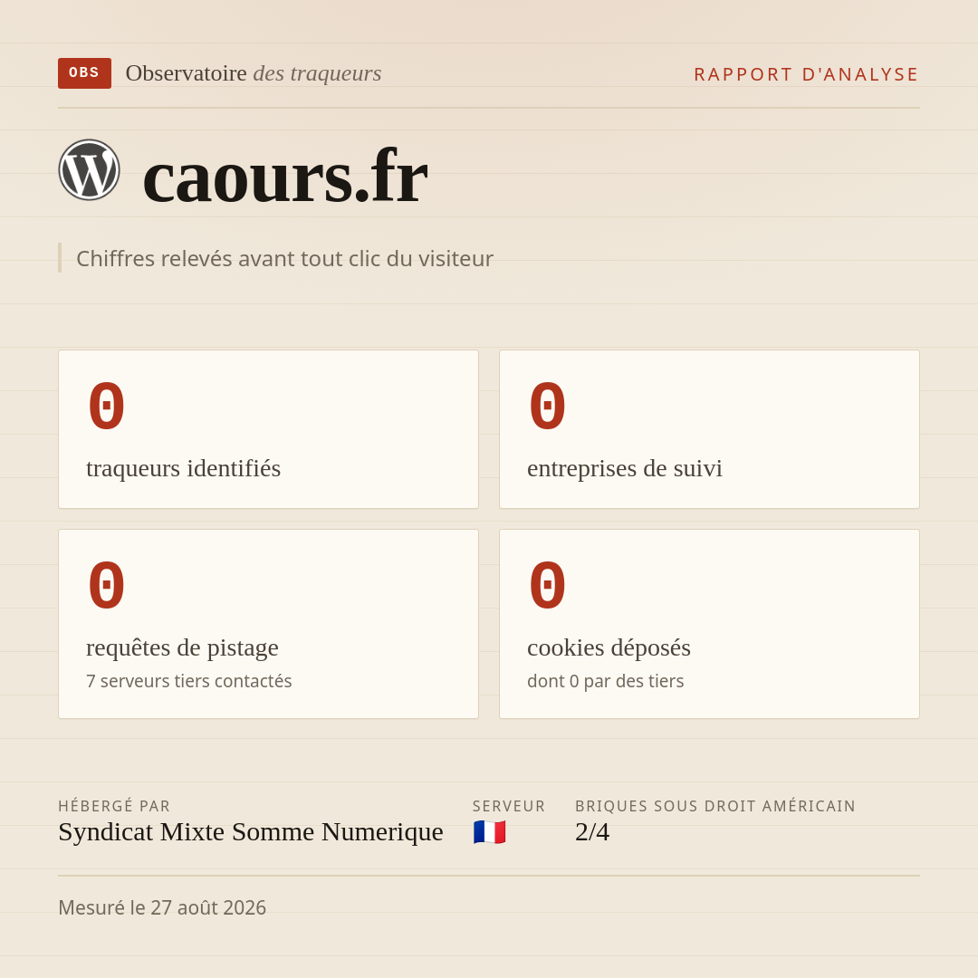 caours.fr : 0 traqueurs identifiés, 0 entreprises de suivi, 0 requêtes de pistage. Chiffres relevés avant tout clic du visiteur.