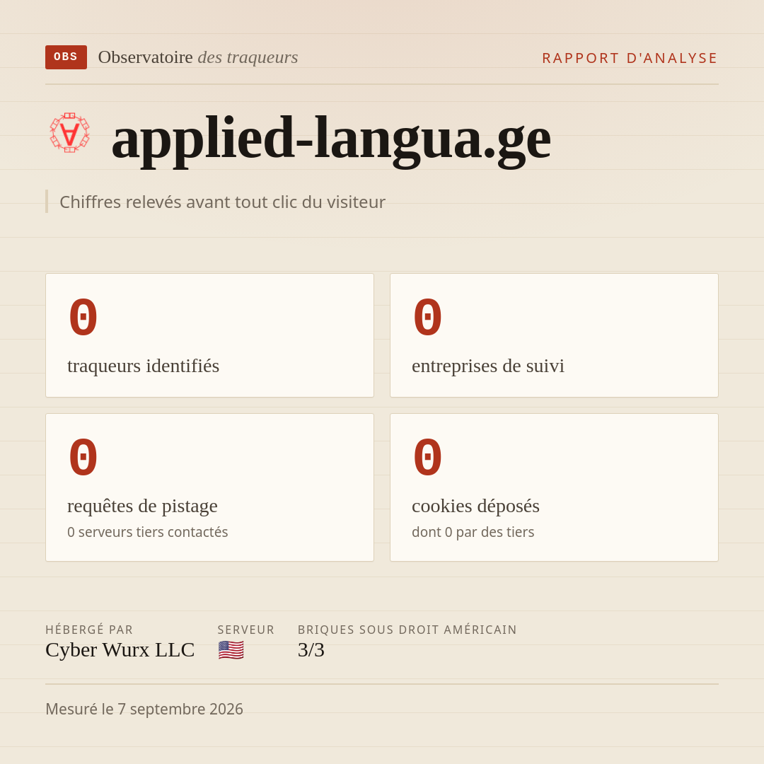 applied-langua.ge : 0 traqueurs identifiés, 0 entreprises de suivi, 0 requêtes de pistage. Chiffres relevés avant tout clic du visiteur.