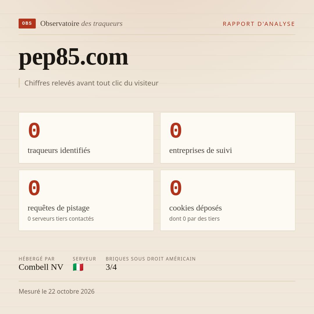 pep85.com : 0 traqueurs identifiés, 0 entreprises de suivi, 0 requêtes de pistage. Chiffres relevés avant tout clic du visiteur.